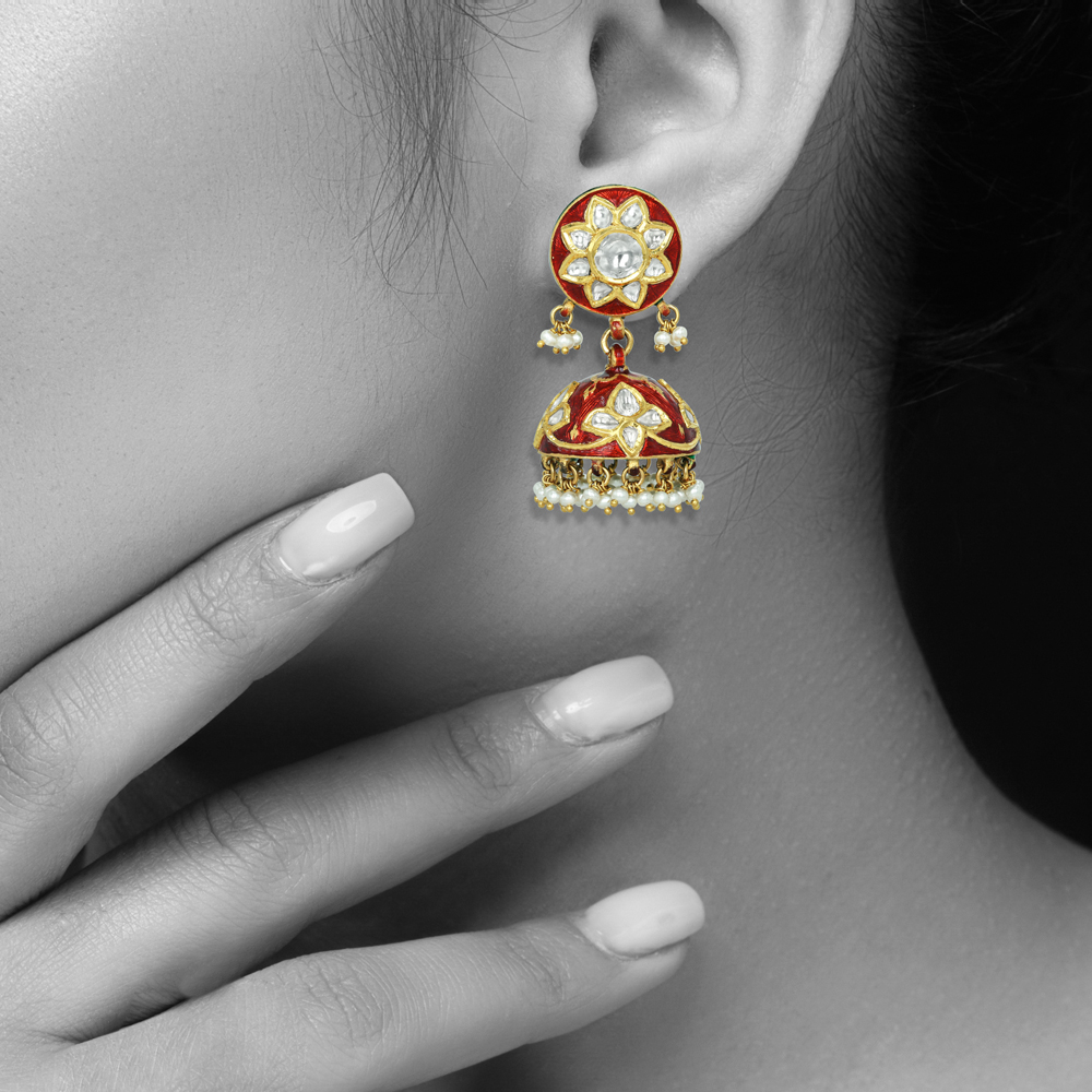 Red Enamel Polki Jhumkas with Pearls and Floral Motif